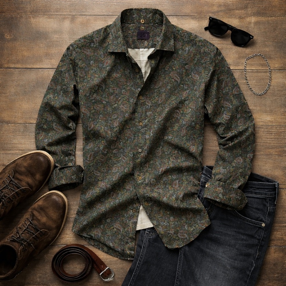 Paisley Button Down Shirt Green Earth Tone Retro Boho XL